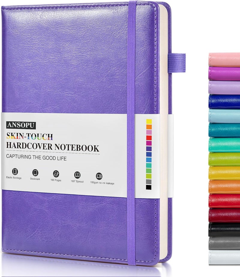 Ansopu Lined Journal Notebook for Writing, A5 100 GSM Thick Paper, Leather Hardcover Journal for Woman Men, Travel Journal Diary 160 Pages(5.75'' X 8.38''Purple) - Image 1